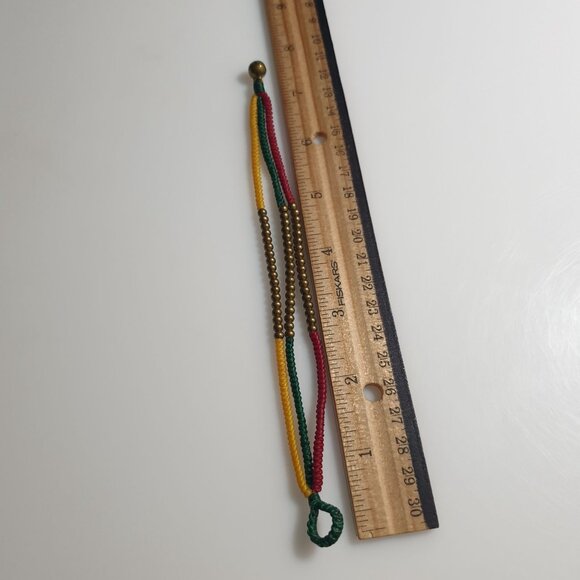 Rasta Colors Woven Rope Bracelet Multistrand Brass Bead Accents Green Red Yellow - Picture 3 of 4
